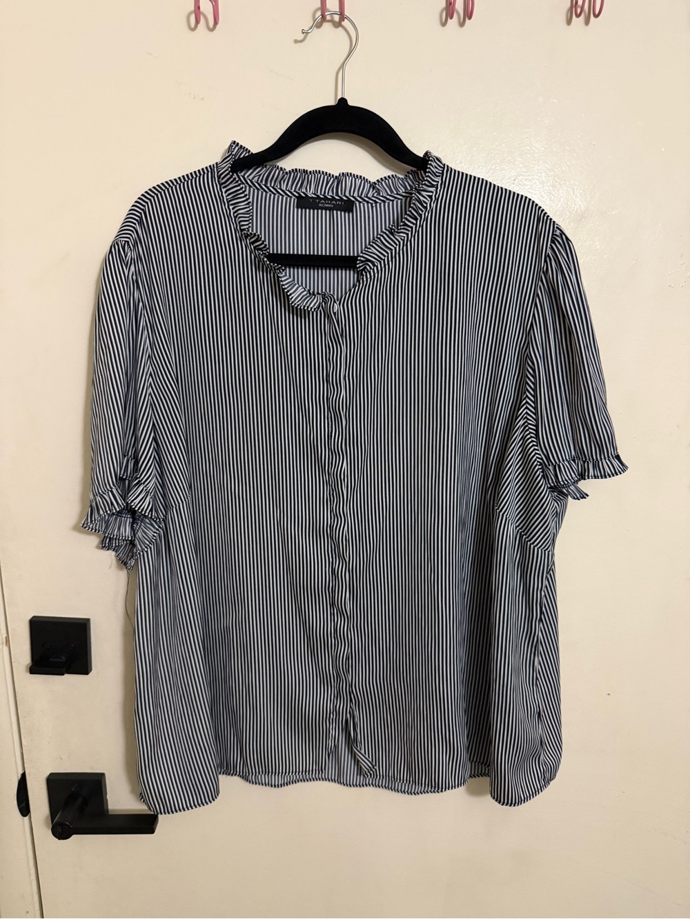 Tahari Black and White Striped Button-Down Shirt Ruffle short sleeve